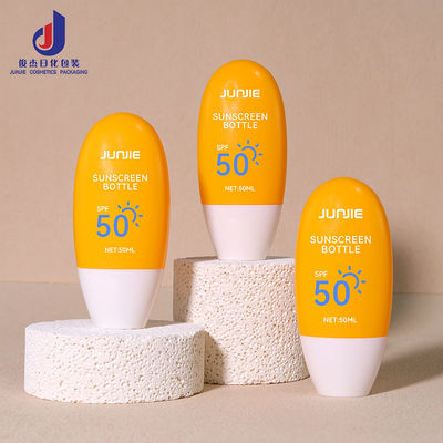 Botelha plana e redonda de protetor solar de 50 ml recipiente cosmético com colarinho PE e tampa de parafuso branco